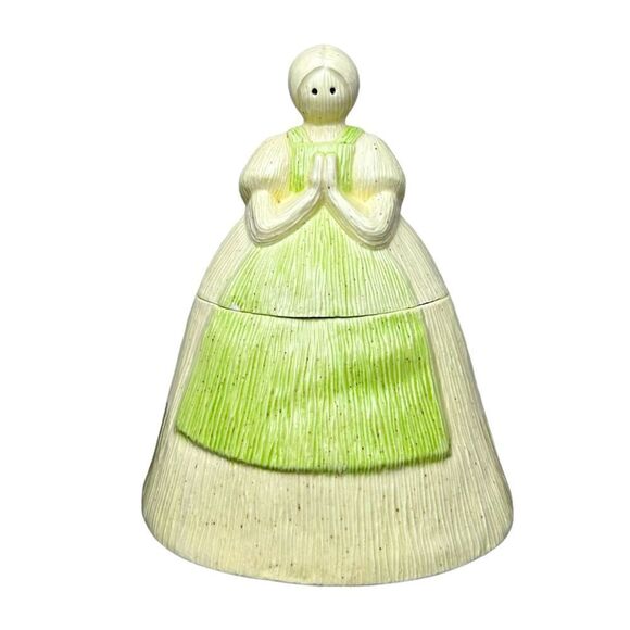 Vintage Ceramic Cookie Jar Woman Praying Hands Mint Green Apron 9" Tall - Picture 1 of 10